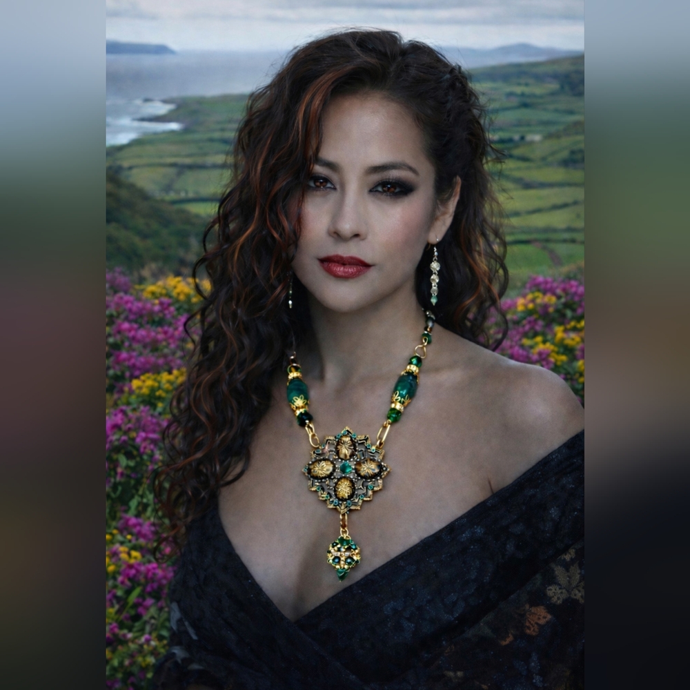 Artisan Carved Emerald-Green Crystal & Emmons Starburst Vintage Pendant Necklace